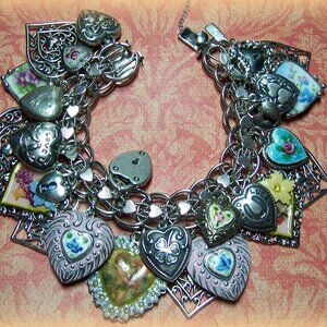 Vintage Silver Puffy Heart Bracelet-25 Charms-Guilloche-Painted Hearts
